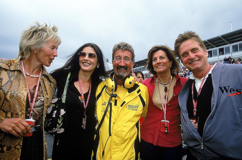 Eddie Jordan with his wife Marie (left), actress Catherine Zeta Jones (second left) and actor Michael Douglas (right) ahead of the 2001 Spanish GP. Photograph: Getty Images/Inpho