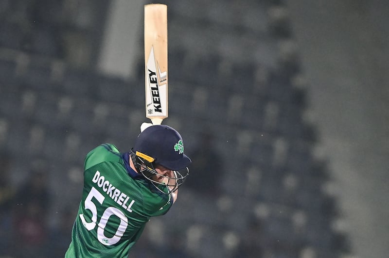 Ireland's George Dockrell plays a shot during the first one-day international (ODI) cricket match between Bangladesh and Ireland at the Sylhet International Cricket Stadium in Sylhet on March 18, 2023. (Photo by Munir uz ZAMAN / AFP) (Photo by MUNIR UZ ZAMAN/AFP via Getty Images)