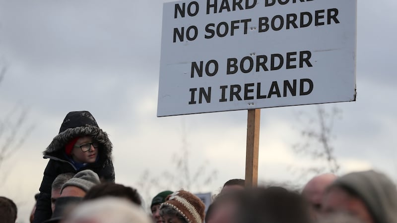 Protesters take part in an anti-Brexit rally at the Border near Carrickcarnan, Co Louth, in November 2021. Photograph: Brian Lawless/PA