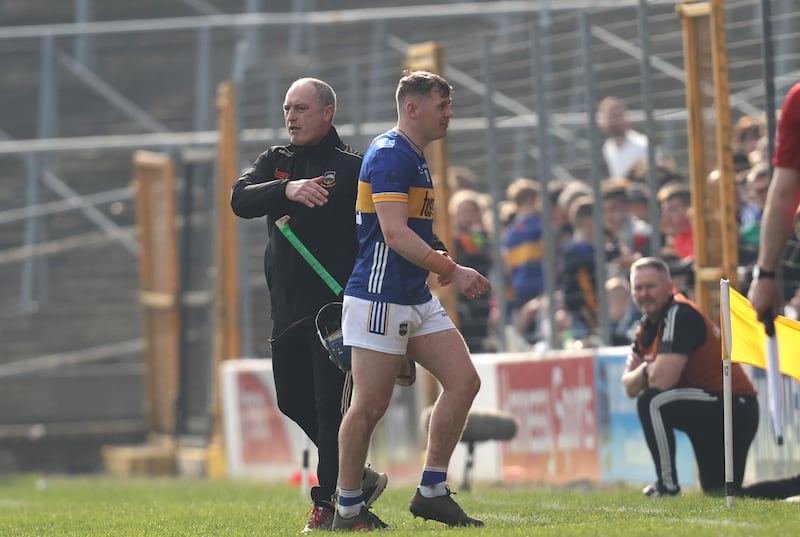 Tipperary manager Liam Cahill and Alan Tynan after he was sent off against Kilkenny. Photograph: Bryan Keane/Inpho