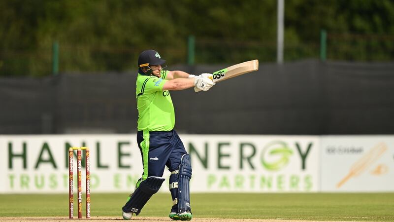 Ireland opener Paul Stirling  hits a six during the third match of the T20 series against Zimbabwe  at Bready Cricket Club in Magheramason, Co Tyrone.  Photograph: Harry Murphy/Sportsfile