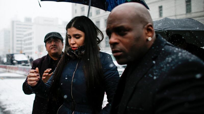 Emma Coronel Aispuro (centre), wife of Joaquín “El Chapo” Guzmán, arrives for his trial at the US Federal Courthouse in Brooklyn, New York. Photograph: Kena Betancur/AFP/Getty Images