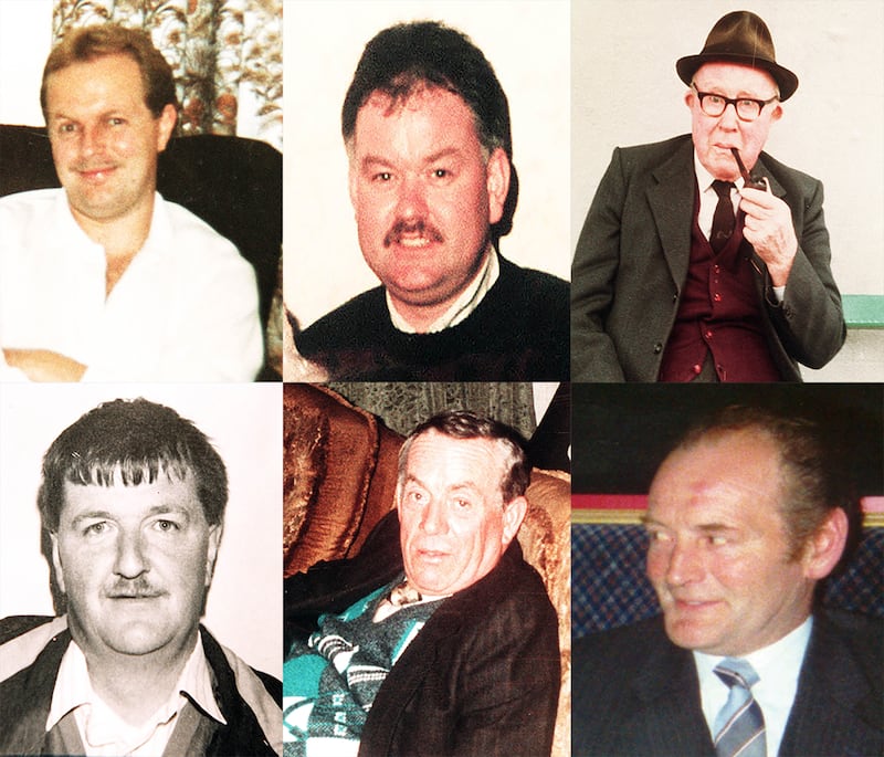 Victims of the 1994 Loughinisland massacre at the Heights Bar: (top, from left to right) Patsy O’Hare, Adrian Rogan and Barney Green; (bottom) Eamonn Byrne, Dan McGreanor and Malcolm Jenkinson