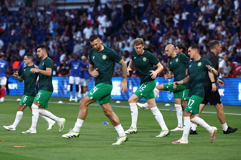 The Irish team warm up at the Parc des Princes. Photograph: Getty Images