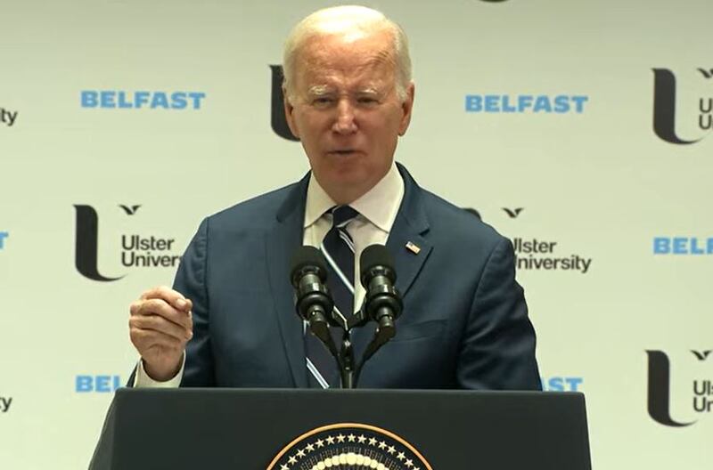 Joe Biden speaking at Ulster University. Photograph: Ulster University/YouTube