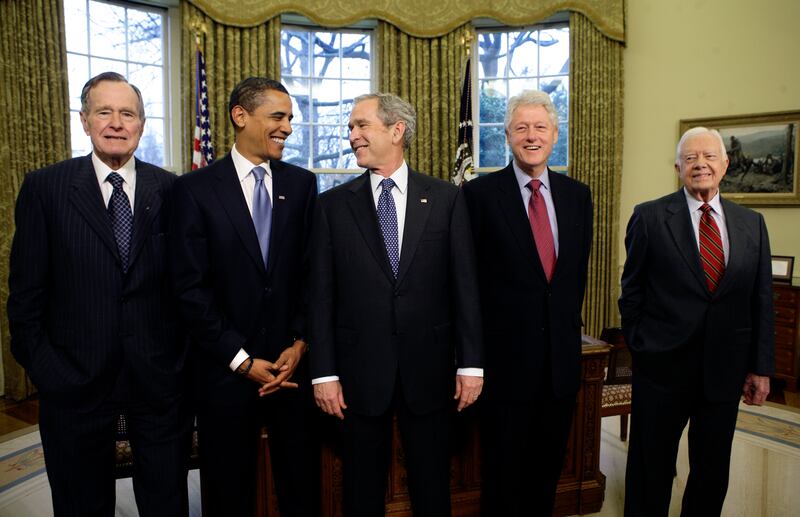 Former US president Jimmy Carter, furthest right, in a group photo with his successors at the White House on January 7th, 2009. From left: George HW Bush; president-elect Barack Obama; president George W. Bush and Bill Clinton. Photograph: Doug Mills/The New York Times
                      