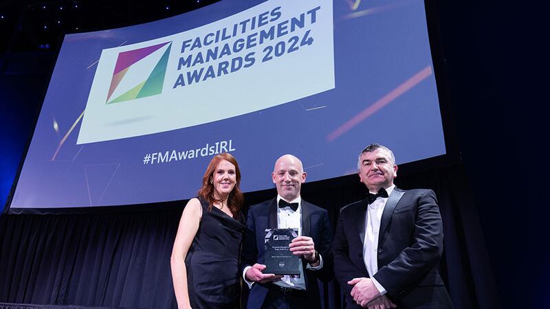 Ronan McDonnell, operations director of SOS Group, presents the property management team of the year award to Aimee Cafferty and Pearse McElroy, Wyse Property Management