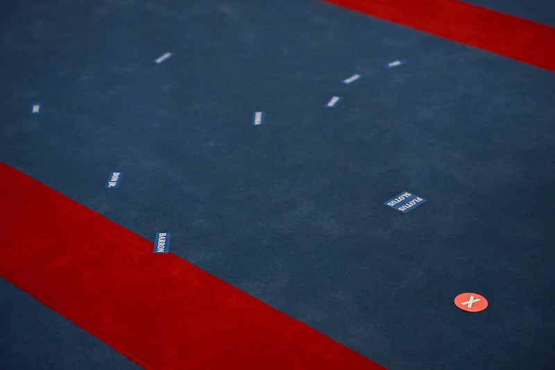 Placemarkers on the floor mark the spot for Donald Trump, Melania Trump, Barron Trump and other family members before the US presidential inauguration on Monday. Photograph: Ricky Carioti/Getty Images