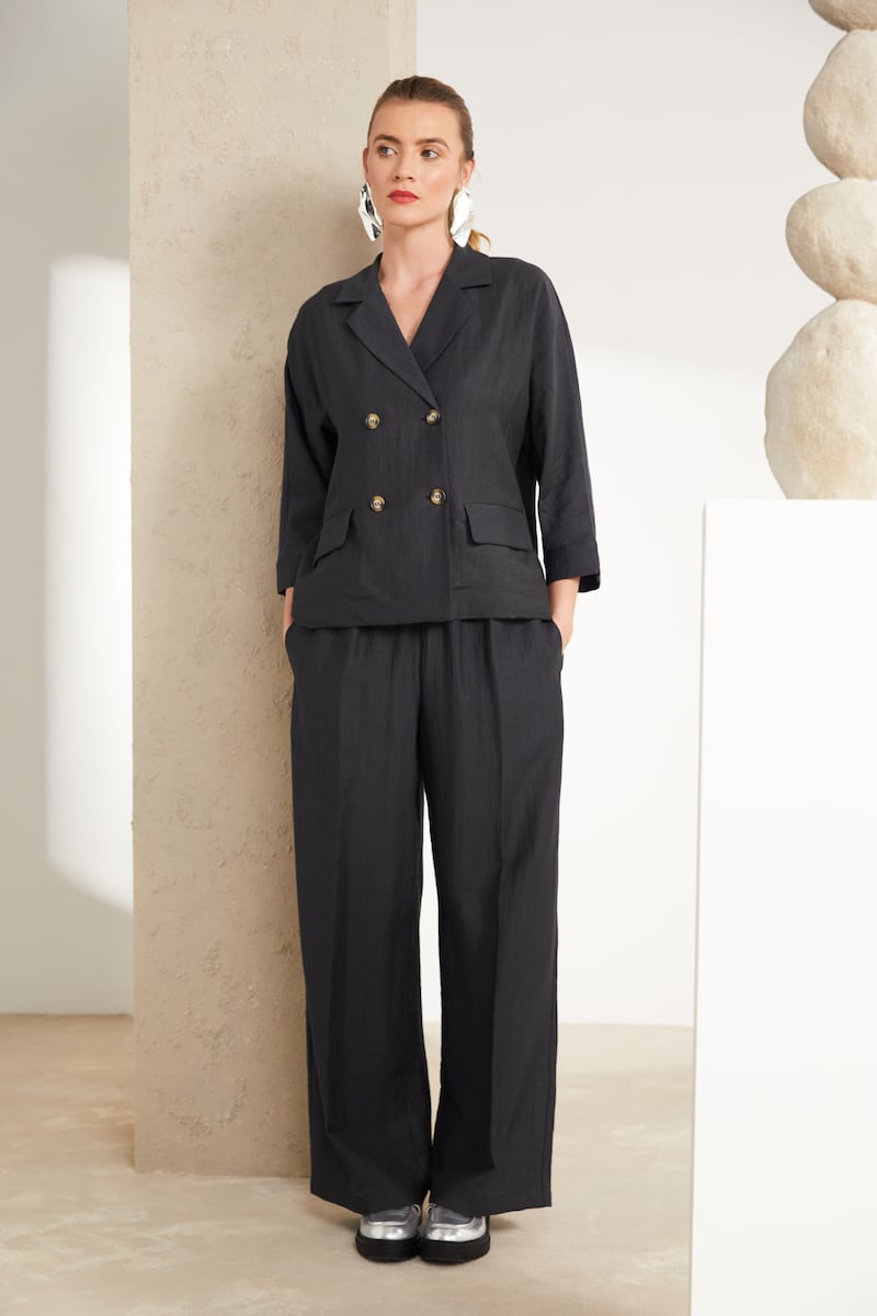 Double-breasted jacket, €210; linen-mix wide-leg trousers, €148