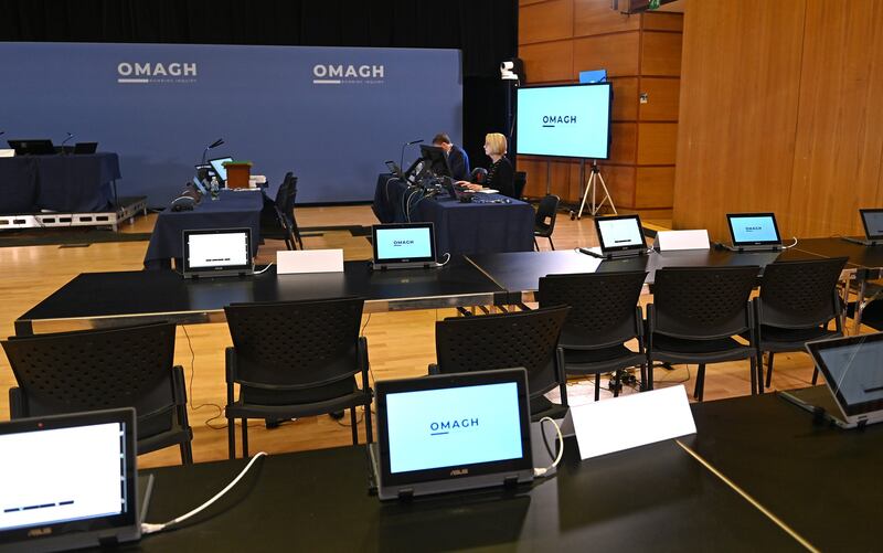 The hearing room at the Strule Arts Centre in Omagh, Co Tyrone, ahead of the first substantive hearing in the Omagh Bombing Inquiry. Photograph: Michael Cullen/Ulster Herald/PA Wire