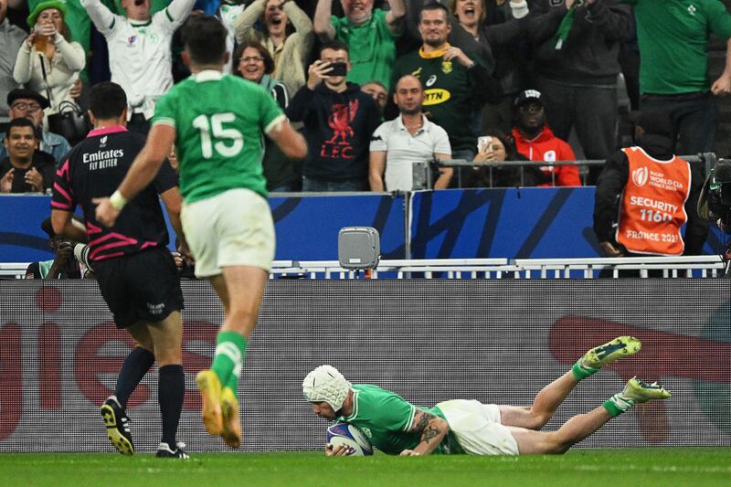 Ireland's right-wing Mack Hansen scores a try during against South Africa at the Stade de France in Paris on Saturday evening. Photograph: Getty Images