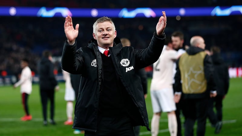 Ole Gunnar Solskjær celebrates after the victory over Paris Saint-Germain. Photograph:   Ian Langsdon/EPA