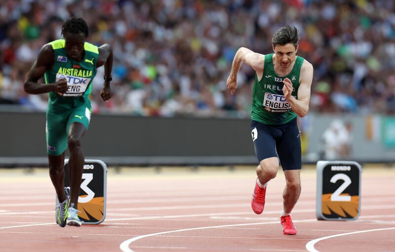 Joseph Deng of Team Australia and Mark English of Team Ireland compete in Heat 2 of Men's 800m Qualification during the World Athletics Championships Budapest 2023. Photograph: Steph Chambers/Getty Images