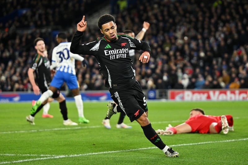 Ethan Nwaneri of Arsenal celebrates scoring during the Premier League match against Brighton - the 17-year-old may have to take up the number 9 role over the coming weeks. Photograph: Mike Hewitt/Getty Images