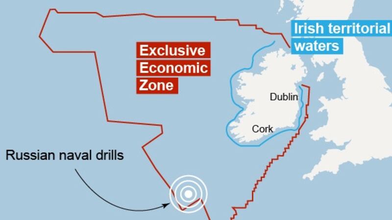 Map of naval drills being undertaken by the Russian navy within the State’s exclusive economic zone about 240km off the west coast of Ireland.