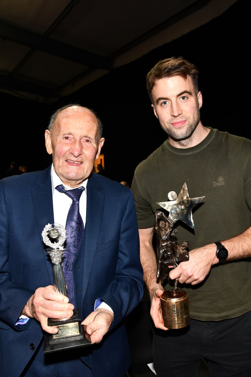 Noel Tierney, Footballer of the Year 1964, and Paul Conroy, Footballer of the Year 2024, at a celebration to mark the sporting career of Milltown and Galway hero Tierney in Milltown Community Centre. Photograph: Jacinta Fahy