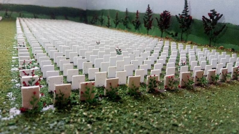 The memorial diorama at King House in Boyle (above),  is a representation of a Commonwealth War Graves cemetery containing more than 4,000 headstones, representing about a tenth of the number of lives lost in the first World War from the island of Ireland.