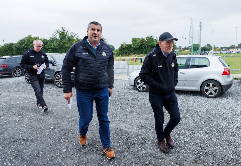 Making plans for Offaly: Joint managers Declan Kelly and Mickey Harte with then county board chairman Michael Duignan. Photograph: James Crombie/Inpho