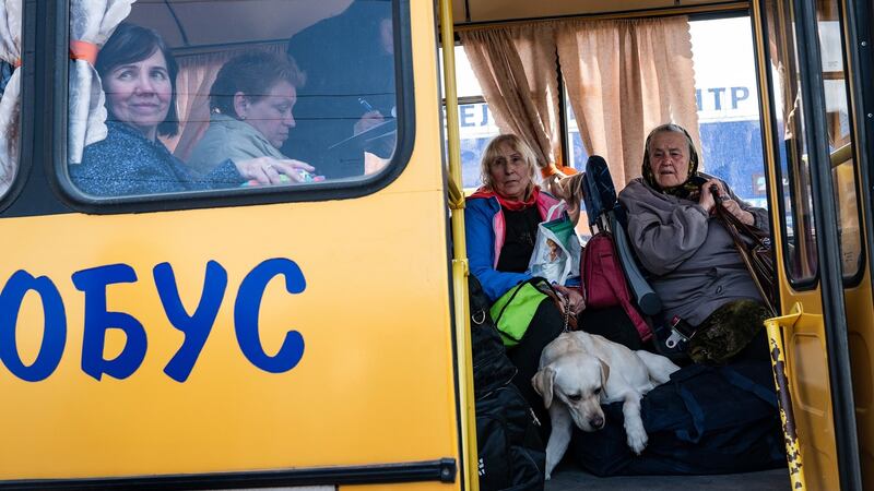 Ukrainians who fled the fighting in the frontline city of Orihiv arrive in the southeastern Ukrainian city of Zaporizhzhia on Monday. Photograph: Lynsey Addario/The New York Times