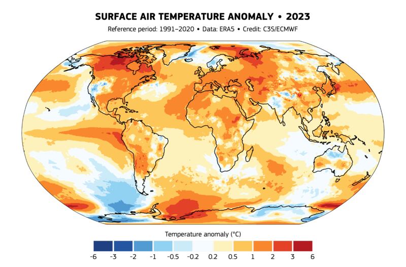 Surface air temperature anomaly for 2023 relative to the average for the 1991-2020 reference period. Data source: ERA5.