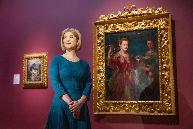 National Gallery of Ireland director Caroline Campbell backgrounded by Judith with the Head of Holofernes,1600, (right), at the launch of the  Lavinia Fontana exhibition.