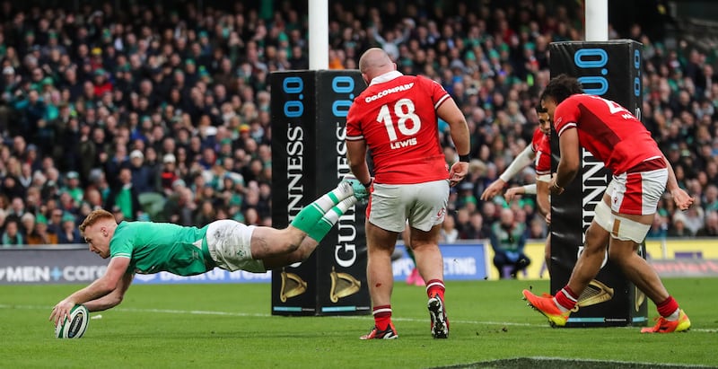 Ciarán Frawley scores a try for Ireland against Wales in round three of the 2024 Six Nations at the Aviva Stadium. Photograph: Ben Brady/Inpho