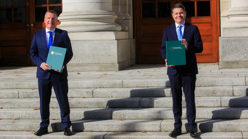 Minister for Public Expenditure Michael McGrath and  Minister for Finance Paschal Donohoe announced  the details of Budget 2021  on Tuesday. Photograph: Gareth Chaney/Collins