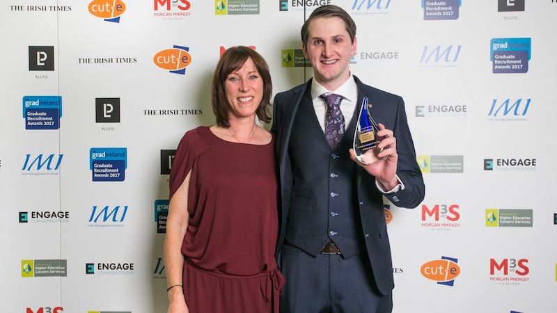 Graduate Employee of the Year Michael Redmond from AbbVie, with his graduate manager Louise Clarke. Photograph: Paul Kelly/Studio 3