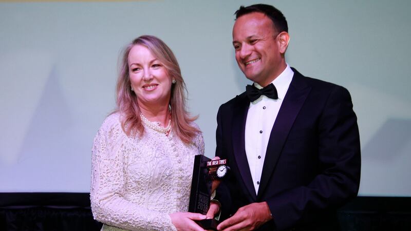 Irish Times/KPMG business person of the year Siobhan Talbot of Glanbia with Taoiseach Leo Varadkar. Photograph: Nick Bradshaw