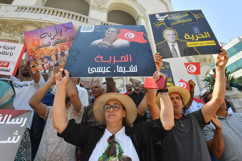 Protesters in Tunis on Sunday demanding the release of more than 20 opposition figures who have been arrested by the government of Kais Saied since February. Photograph by Fethi Belaid/AFP via Getty Images