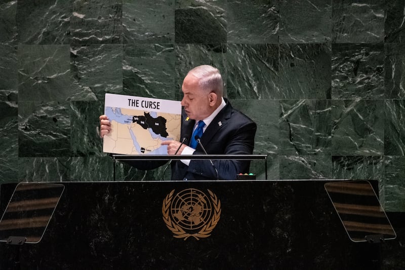 Israeli prime minister Binyamin Netanyahu addresses the United Nations General Assembly in New York on Friday. Photograph: Stephanie Keith/Getty Images