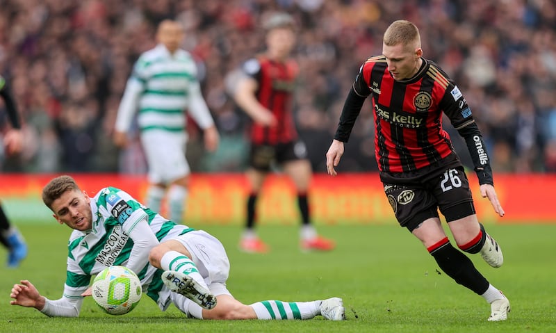 Rovers Dylan Watts with Ross Tierney of Bohs. Photograph: Ryan Byrne/Inpho