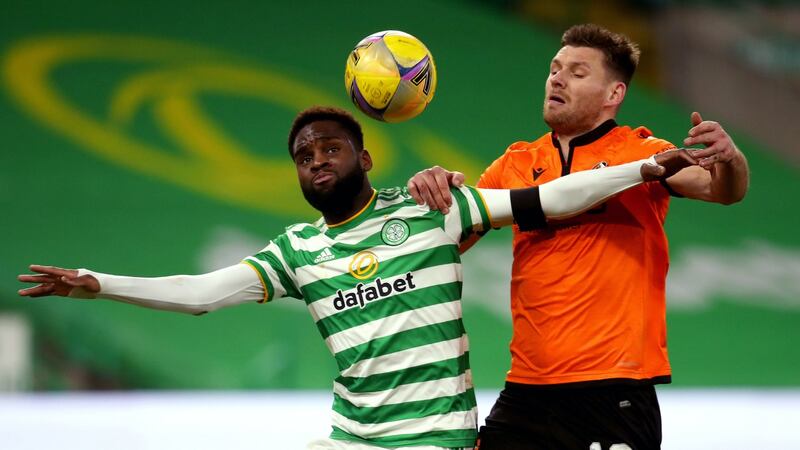 Celtic’s Odsonne Edouard in action during his side’s 3-0 win over Dundee United. Photograph: Andrew Milligan/PA