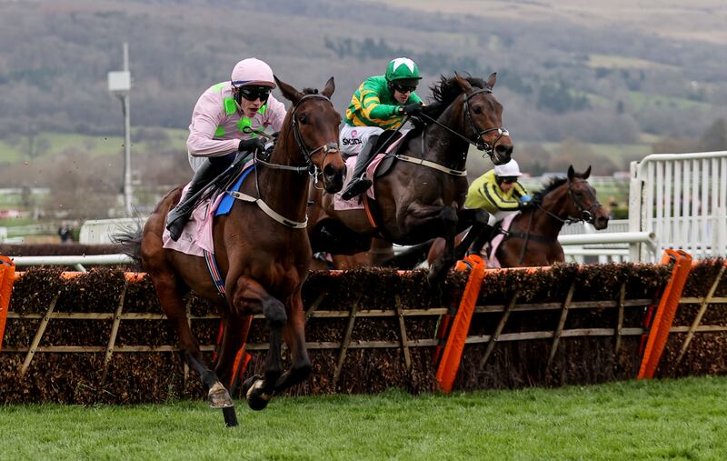 Gaelic Warrior and Paul Townend, right, in action at Cheltenham last year. Punchestown's track looks like being an ideal fit for Willie Mullins's charge in the Grade One Irish Mirror Novice Hurdle. Photograph: Dan Sheridan/Inpho 