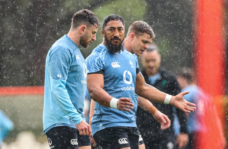 Bundee Aki and Hugo Keenan. Photograph: Billy Stickland/Inpho