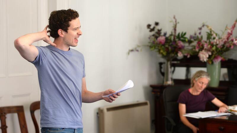 Actor Matthew Malone and stage manager Stephanie Ryan during rehearsals  at Fishamble for the play Embargo. Photograph: Dara Mac Dónaill