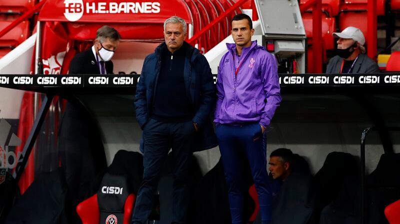 José Mourinho looks on during Tottenham Hotspur’s defeat to Sheffield United. Photograph: Jason Cairnduff/PA