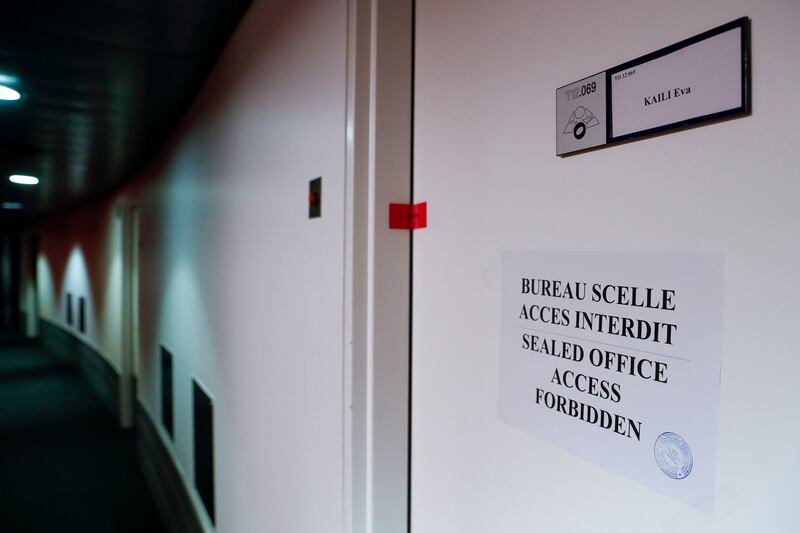 Seals are pictured on the office door of European Parliament Vice President Eva Kaili at the European Parliament in Strasbourg, France, December 13th 2022. Belgian federal prosecutor said in a statement four of six people including one within the European Parliament were detained  and have been charged with 'participation in a criminal organization, money laundering and corruption' and remanded in custody. Photograph: EPA-EFE