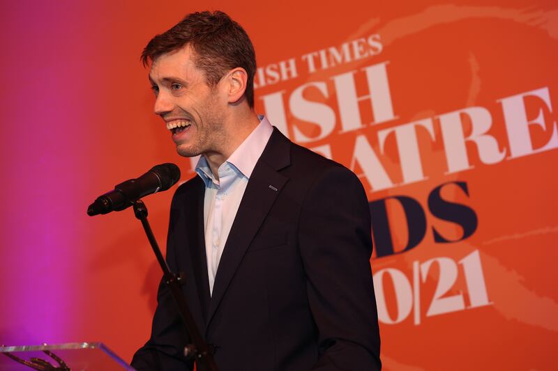 Luke Murphy accepting awards for Volcano at the Irish Times Theatre Awards in June. Photograph Nick Bradshaw