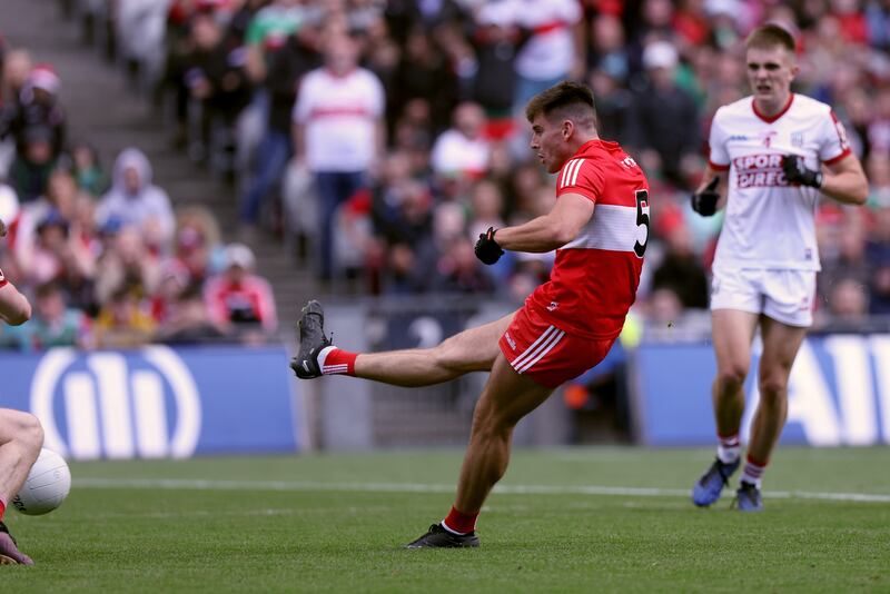 Derry's Conor Doherty scores a goal less than a minute after Cork scored a goal. Photograph: John McVitty/Inpho