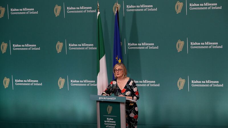 Liz Canavan, of the Department of the Taoiseach, during a media briefing on the coronavirus crisis at Government Buildings. Photograph: Brian Lawless/PA Wire