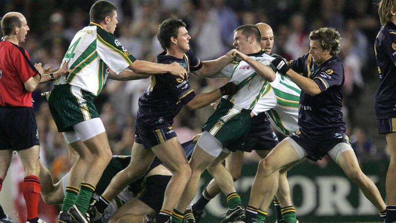 Referee Michael Collins struggles to contain the fighting during the second Test of the 2005 series. Photograph: Inpho