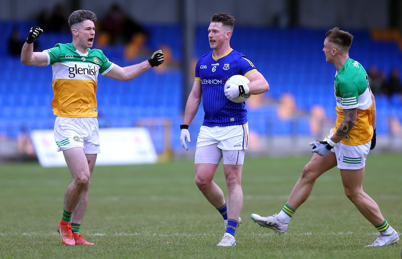 Offaly's Conor McNamee and Jack McEvoy celebrate the county's first away win in the championship since 1997. Photograph: John McVitty/Inpho