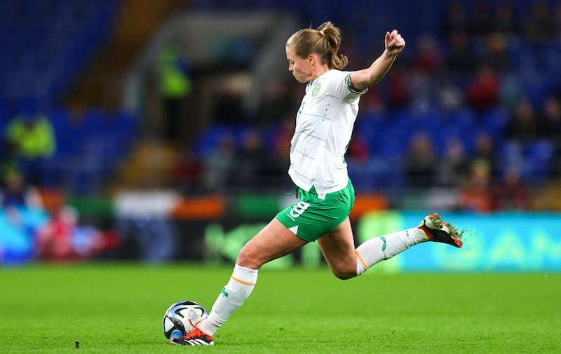 Ireland’s Ruesha Littlejohn's shot came back off the Welsh 'keeper for the equaliser. Photograph: Ryan Byrne/Inpho