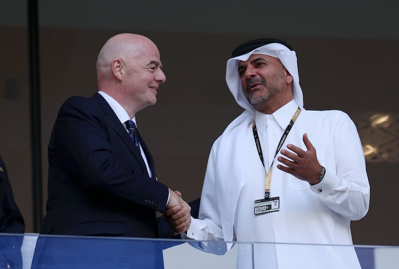 Gianni Infantino, President of Fifa, greets Qatari Prime Minister Sheikh Khalid bin Khalifa Al Thani at the FIFA World Cup in Qatar. Photograph: Dean Mouhtaropoulos/Getty Images