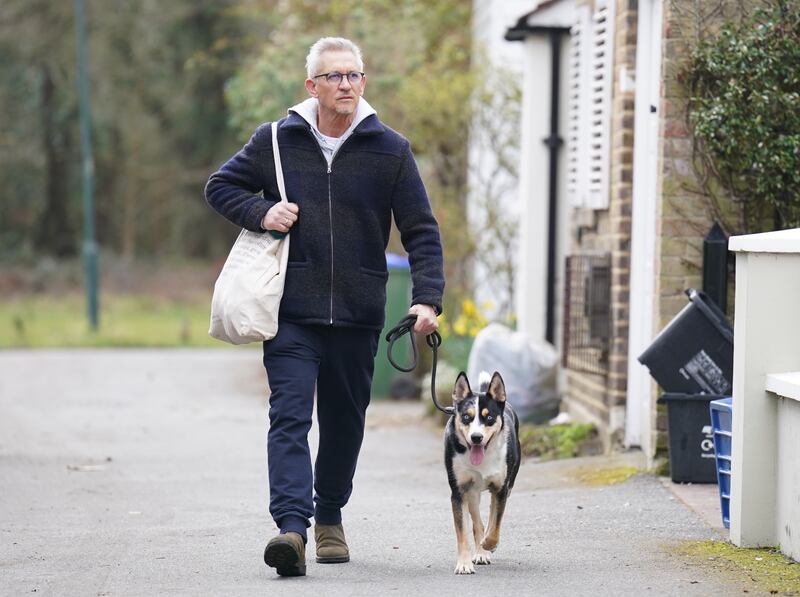 Match Of The Day host Gary Lineker returns to his home in London with his dog last month. Photograph: James Manning/PA