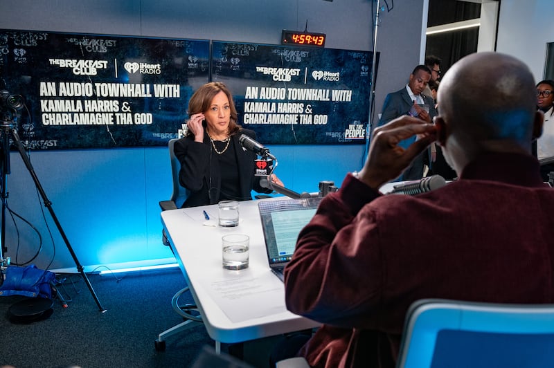 Kamala Harris preparing to speak with Charlamagne tha God on October 15th. Photograph: Aaron J Thornton/Getty Images for iHeartMedia