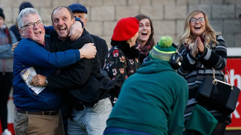 Members of the Swans High Stool Syndicate celebrate winning the Virgin Media Business Irish EBF Novice Handicap Hurdle with Clash of D Titans. File photograph: Inpho