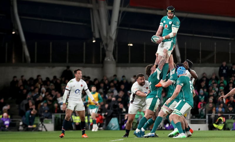 Ireland captain Caelan Doris claims the ball at a lineout. Photograph: Dan Sheridan/Inpho