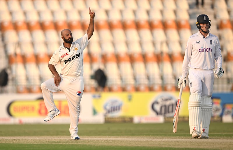 Pakistan bowler Sajid Khan celebrates after taking the wicket of England opener Ben Duckett  in the first over of the second innings during day three of the second Test at Multan Cricket Stadium. Photograph: Stu Forster/Getty Images